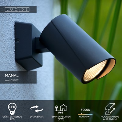 Lucide MANAL - Wandspot / Wandlamp Binnen/Buiten - LED - 1x13W 3000K - IP65 - Antraciet